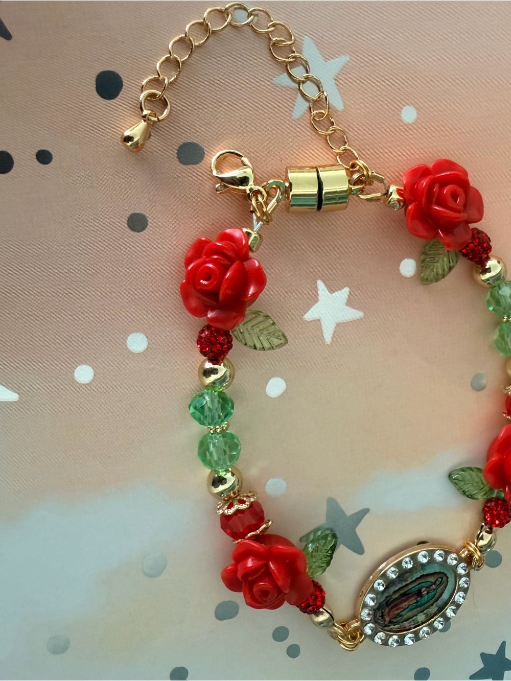Gold-Tone Women’s Red Rose Beaded Bracelet
